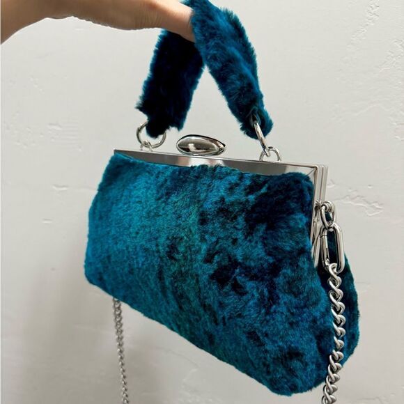 Peacock Blue Handmade Real Shearling Push Lock Clutch/Shoulder Bag/Crossbody - Picture 9 of 16